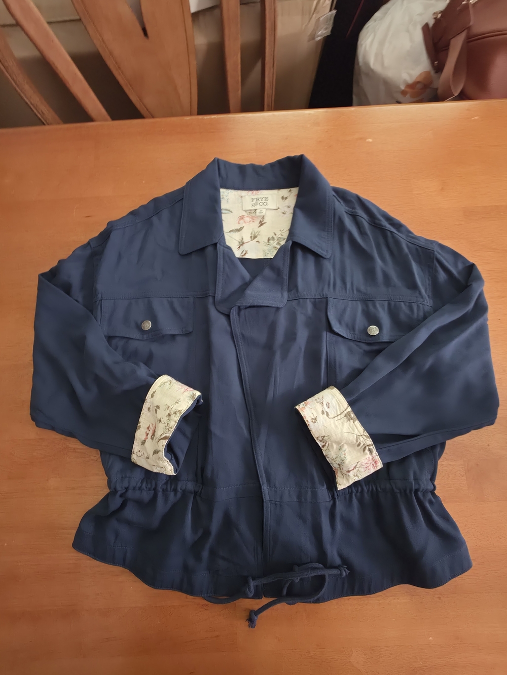 FRYE AND CO. Navy Utility Jacket with Floral Trim. Size Med